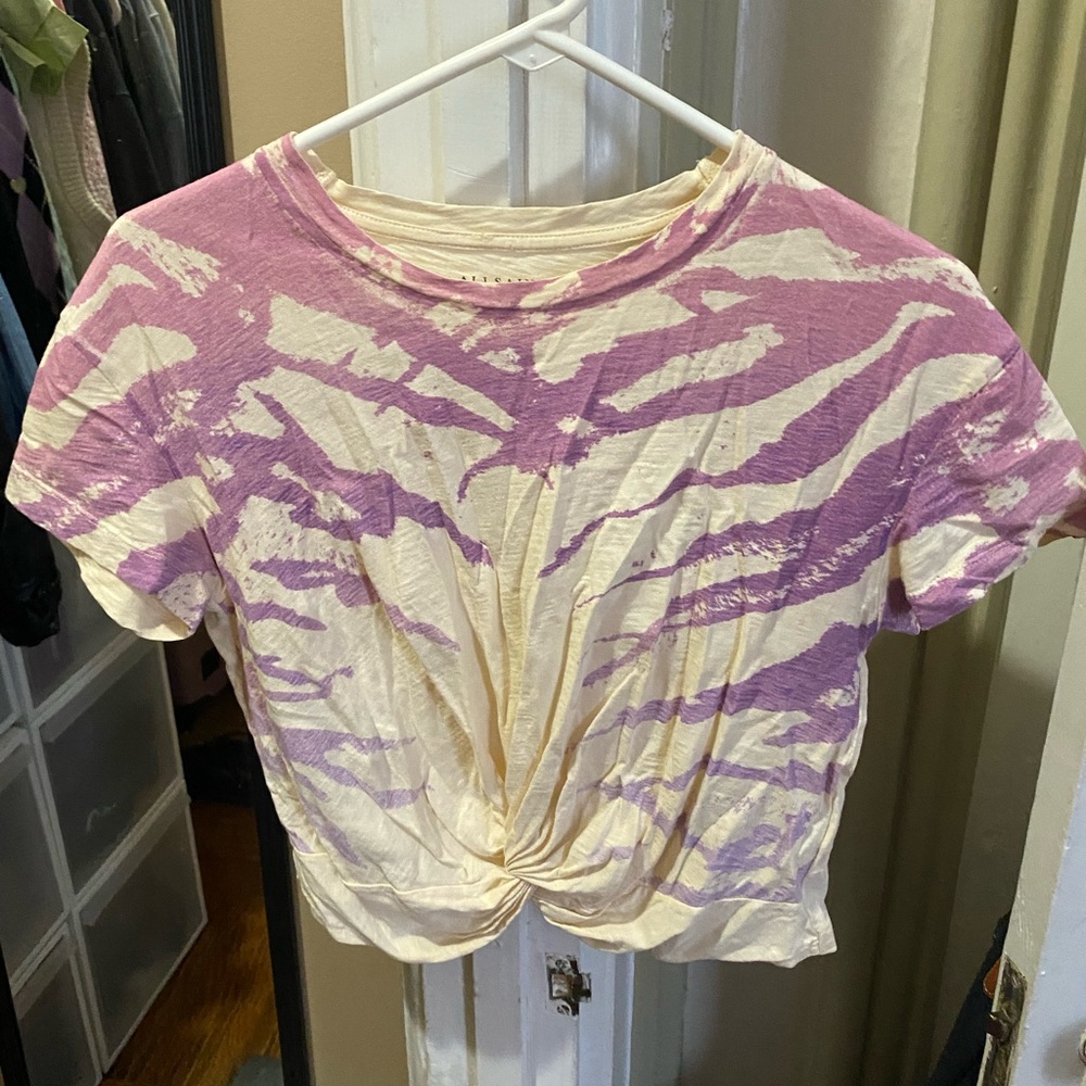 All Saints Cream and Lavender Twist-Knot Crop Tee